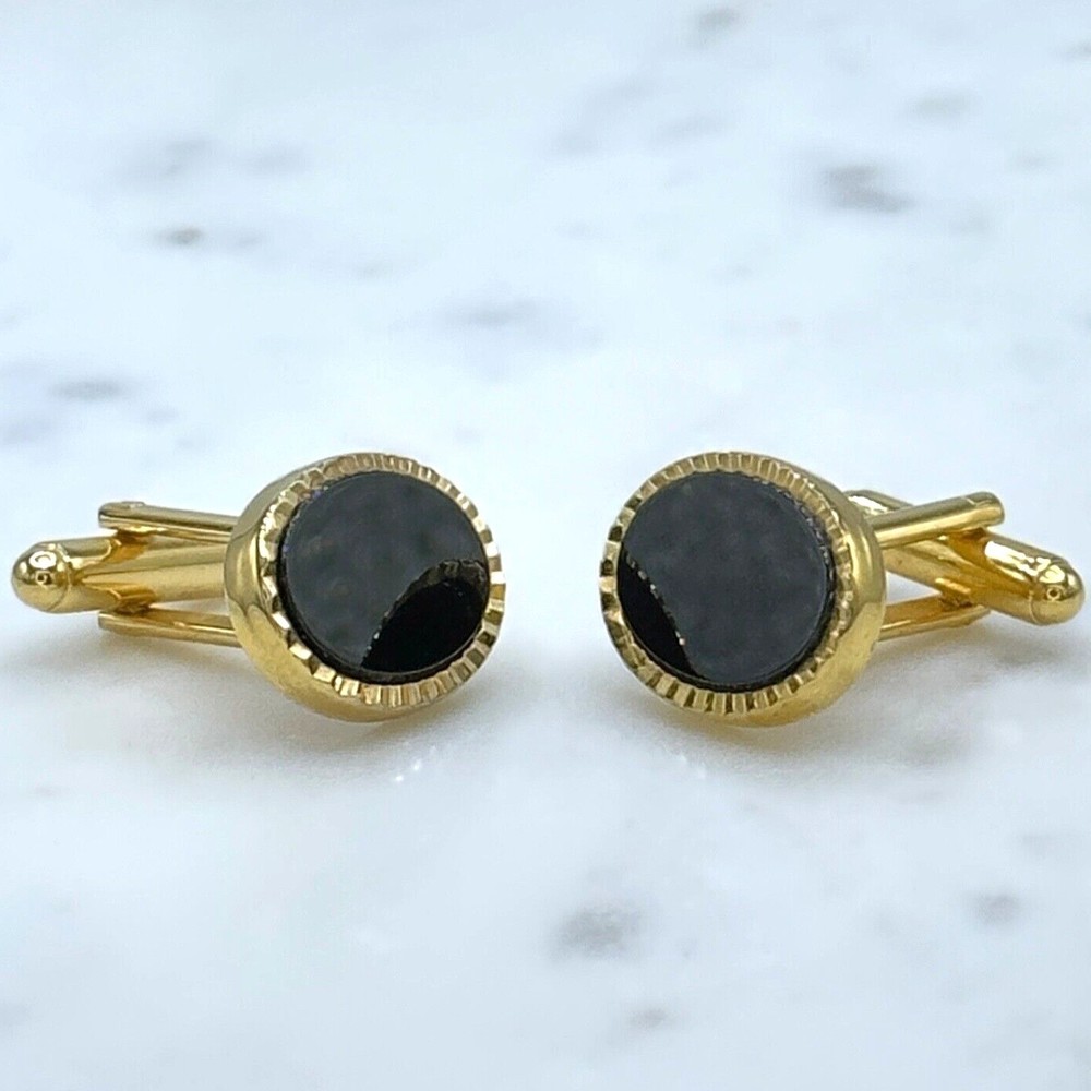 Vintage Oval Black Center & Gold Tone Bullet Back Elegant Formal Cufflinks - Picture 5 of 10